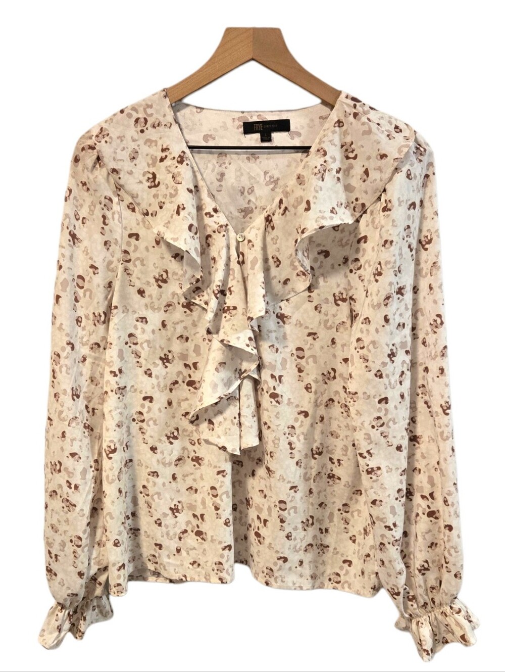 Frye Saltbreeze Combo Long Sleeve Ivory Brown Lightweight Ruffled Blouse Large